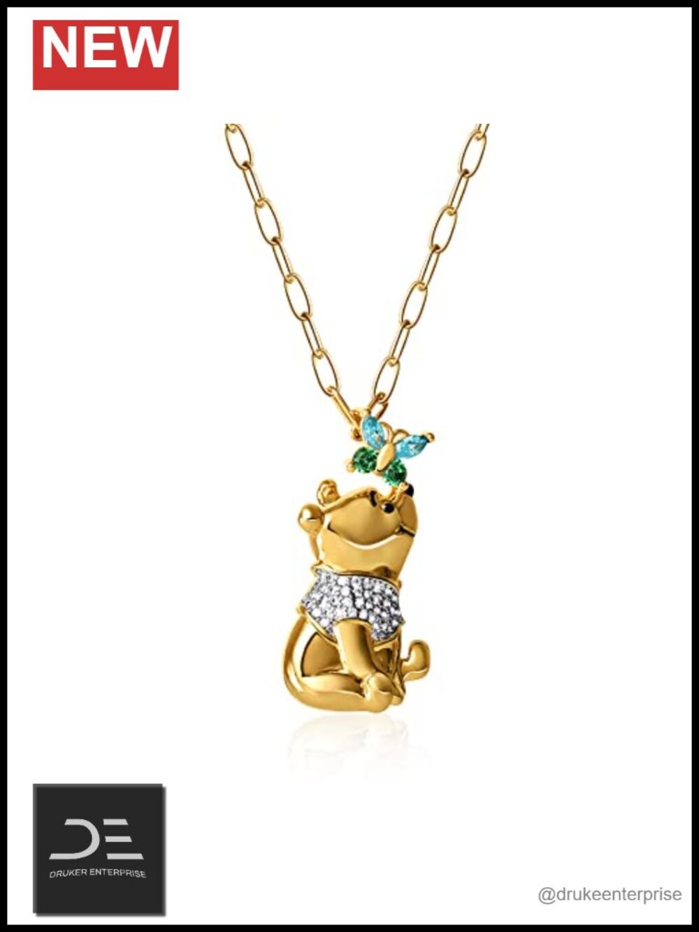 Winnie the Pooh Pendant Necklace with Butterfly, Brass & Cubic Zirconia